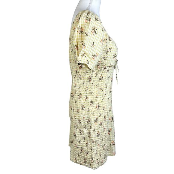 RVCA Dress Gretel Golden Floral Yellow Keyhole Tie Smocked Sides Cotton Mini - Picture 2 of 12